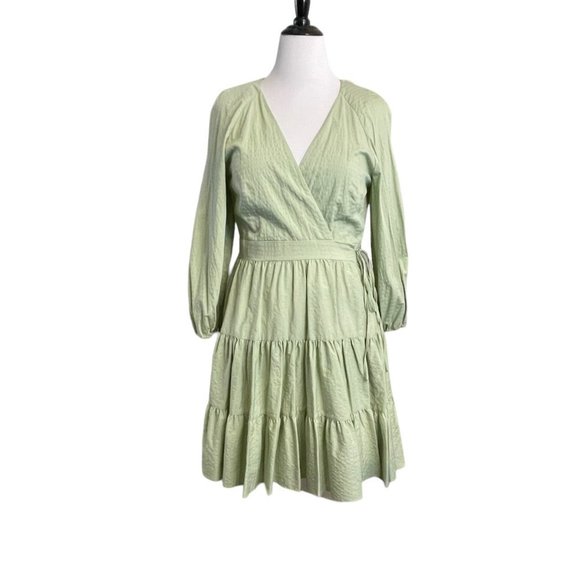 Gianni Bini Spring Sage Green Wrap V Neck Dress Long Sleeve Cotton EUC Large - Picture 1 of 9
